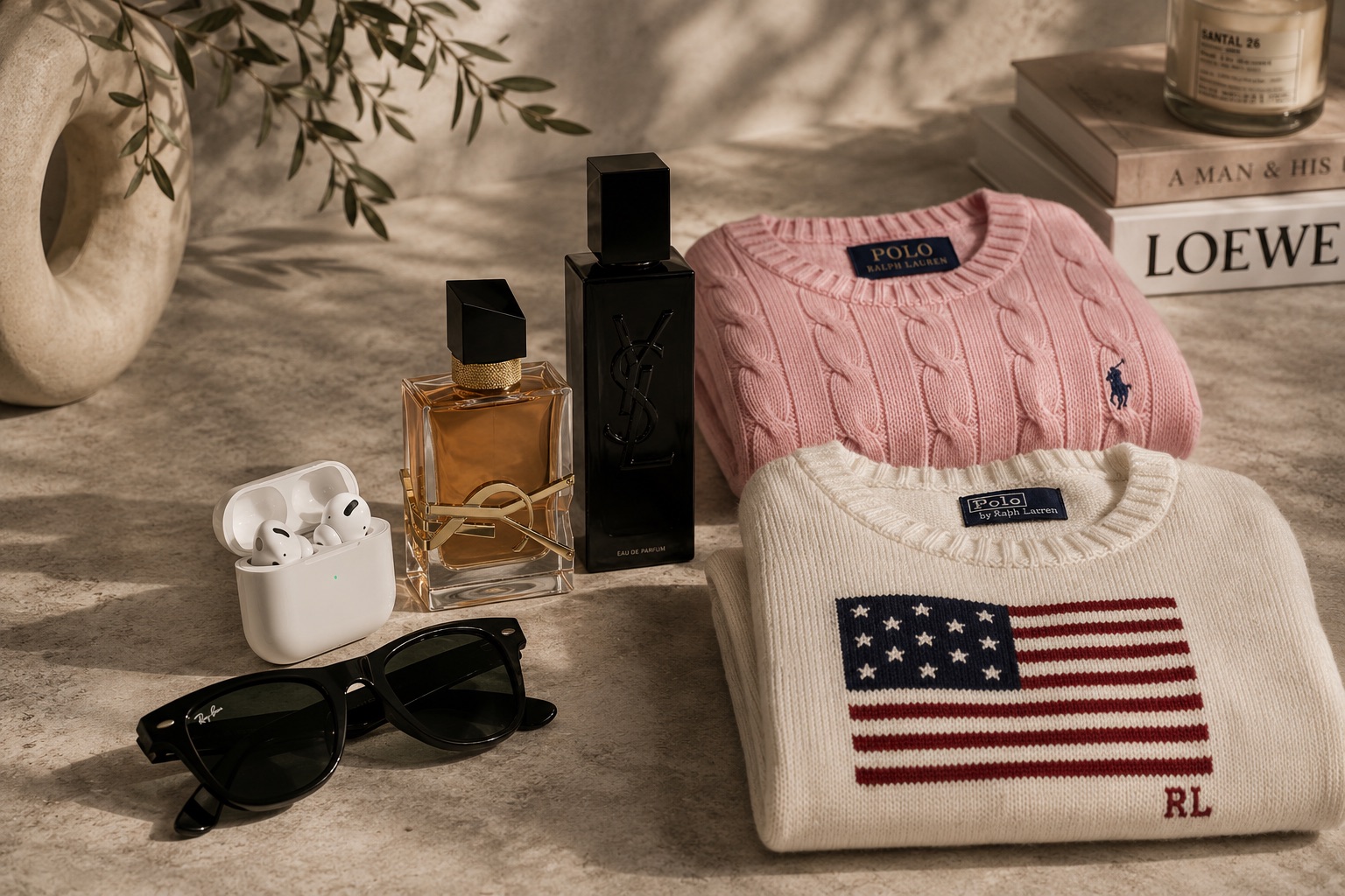 Premium-Produkte aus den VOLL.VERLUST Drops: Parfum, Kopfhörer, Sonnenbrille und Markenstrick