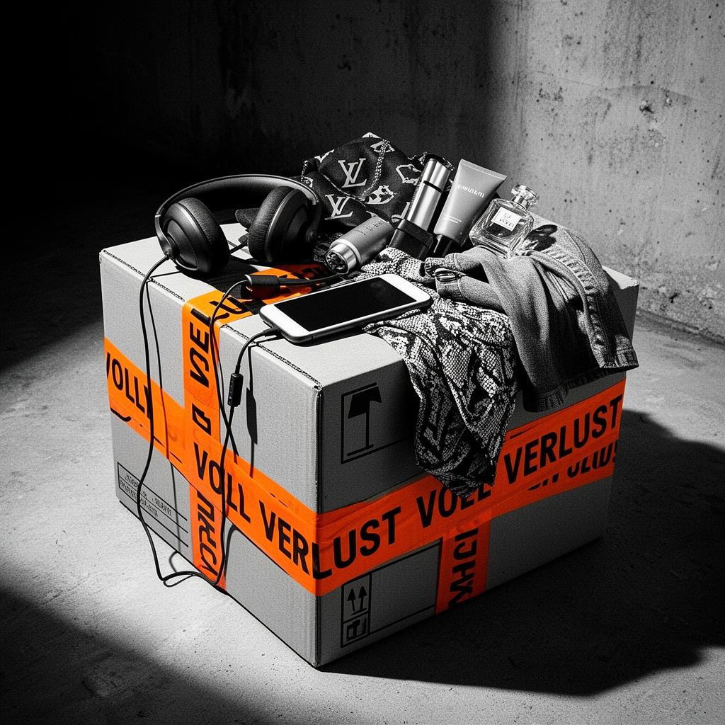 Drop-Box mit Elektronik, Beauty und Markenkleidung, umwickelt mit VOLL.VERLUST Klebeband